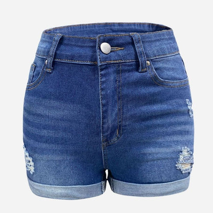 Women ripped denim shorts, flat lay front