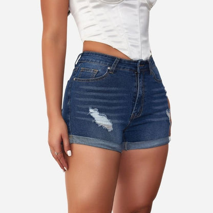 Women's ripped denim shorts, side view