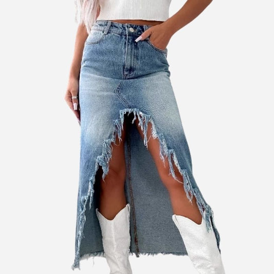 Women Slit Denim Jean Skirt High Waist Frayed Irregular A-Line Midi Skirt