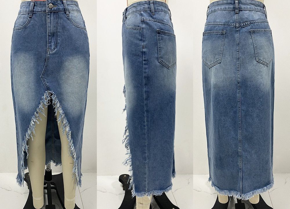 レディース スリット デニム ジーンズ スカート ハイウエスト ほつれ ボタンアップ ロングスカート