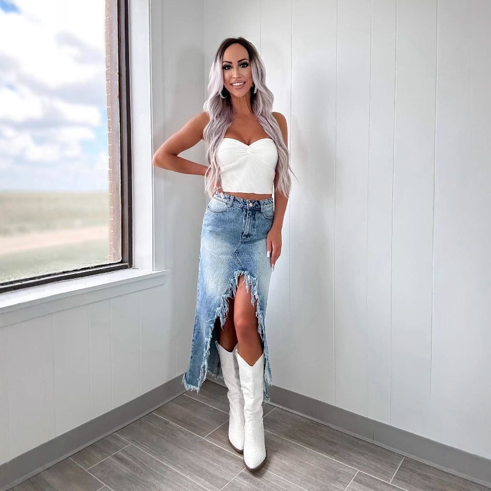 レディース スリット デニム ジーンズ スカート ハイウエスト ほつれ ボタンアップ ロングスカート