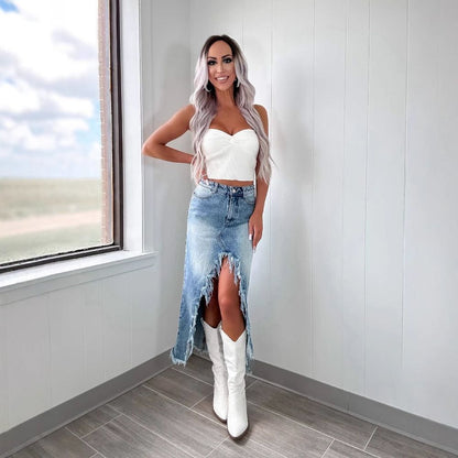 レディース スリット デニム ジーンズ スカート ハイウエスト ほつれ ボタンアップ ロングスカート