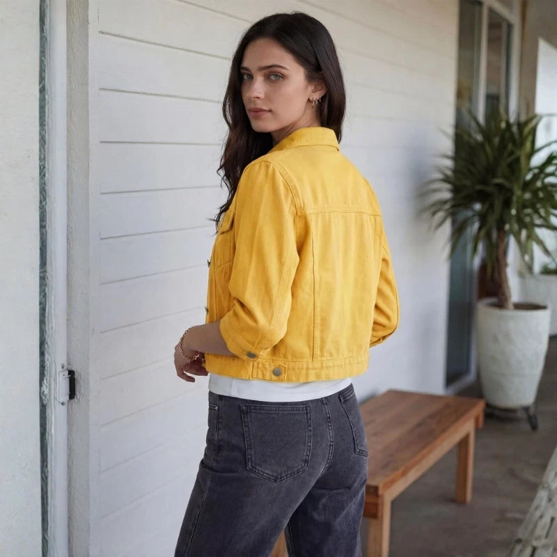 women's 3/4 sleeve cropped denim jacket in yellow, back view