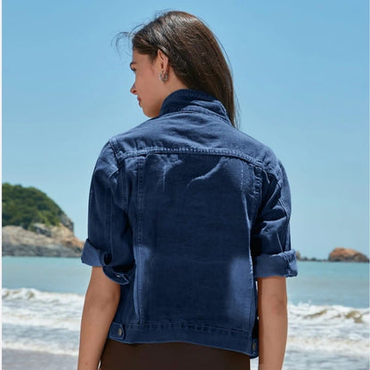 women's 3/4 sleeve cropped denim jacket in dark blue, back view