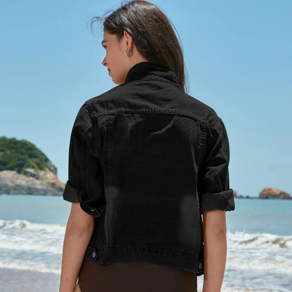 women's 3/4 sleeve cropped denim jacket in black, back view
