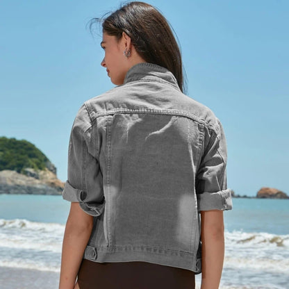 women's 3/4 sleeve cropped denim jacket in gray, back view