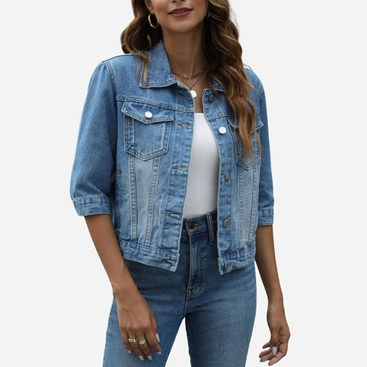 women's 3/4 sleeve cropped denim jacket in light blue