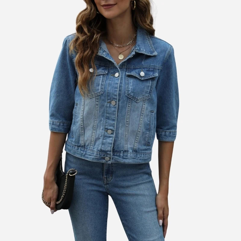 women's 3/4 sleeve cropped denim jacket in light blue