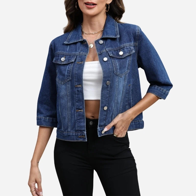 women's 3/4 sleeve cropped denim jacket in dark blue, front view