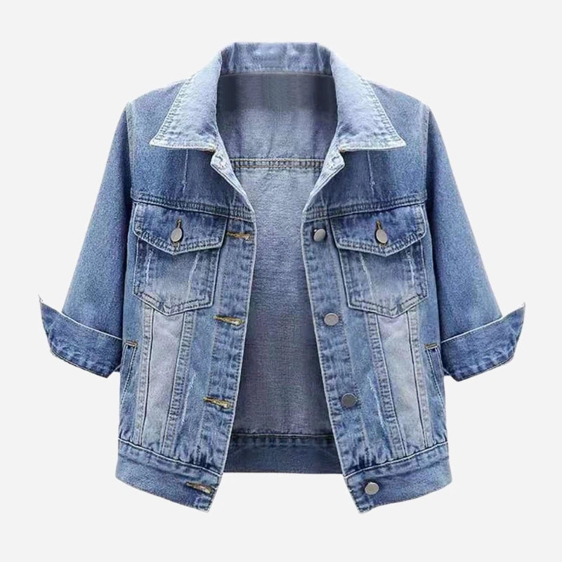 women's 3/4 sleeve cropped denim jacket in light blue, front view