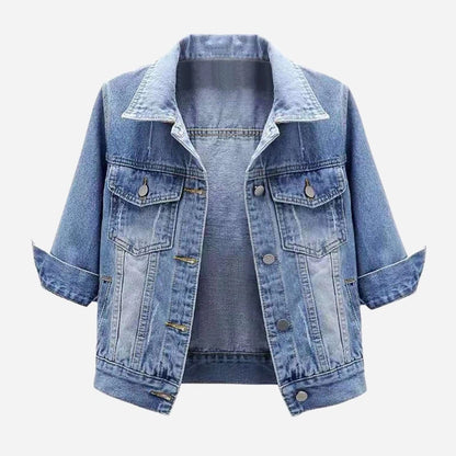 women's 3/4 sleeve cropped denim jacket in light blue, front view