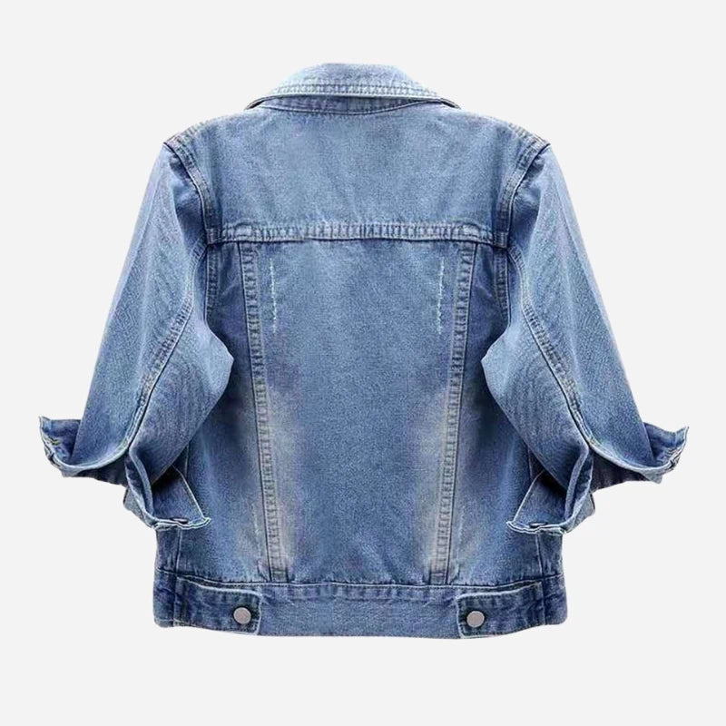 women's 3/4 sleeve cropped denim jacket in light blue, back view