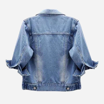 women's 3/4 sleeve cropped denim jacket in light blue, back view