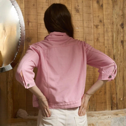women's 3/4 sleeve cropped denim jacket in pink, back view