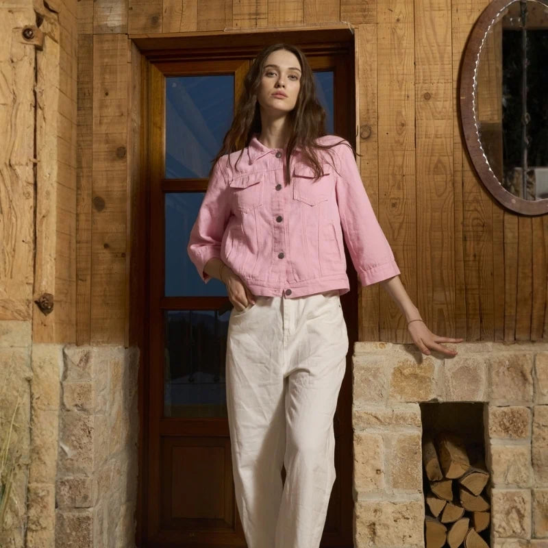 women's 3/4 sleeve cropped denim jacket in pink, front view