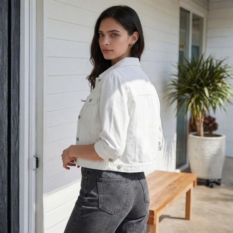 women's 3/4 sleeve cropped denim jacket in white, side view