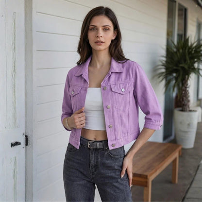 women's 3/4 sleeve cropped denim jacket in purple, front view