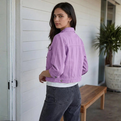 women's 3/4 sleeve cropped denim jacket in purple, back view