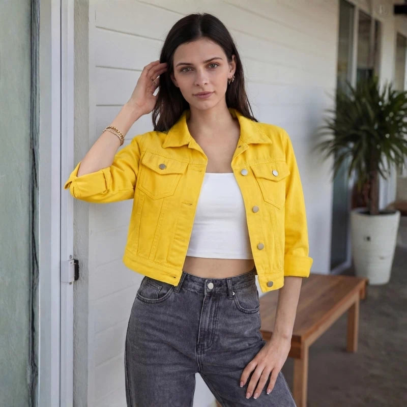 women's 3/4 sleeve cropped denim jacket in yellow, front view