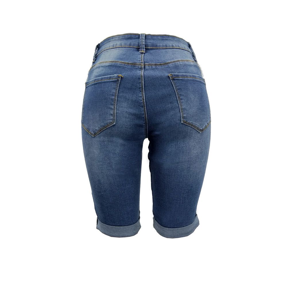 Women’s Biker Stretch Denim Knee Length Shorts Moto-inspired Ribbed Jeans - Navy Color back view