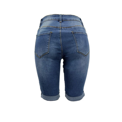 Women’s Biker Stretch Denim Knee Length Shorts Moto-inspired Ribbed Jeans - Navy Color back view