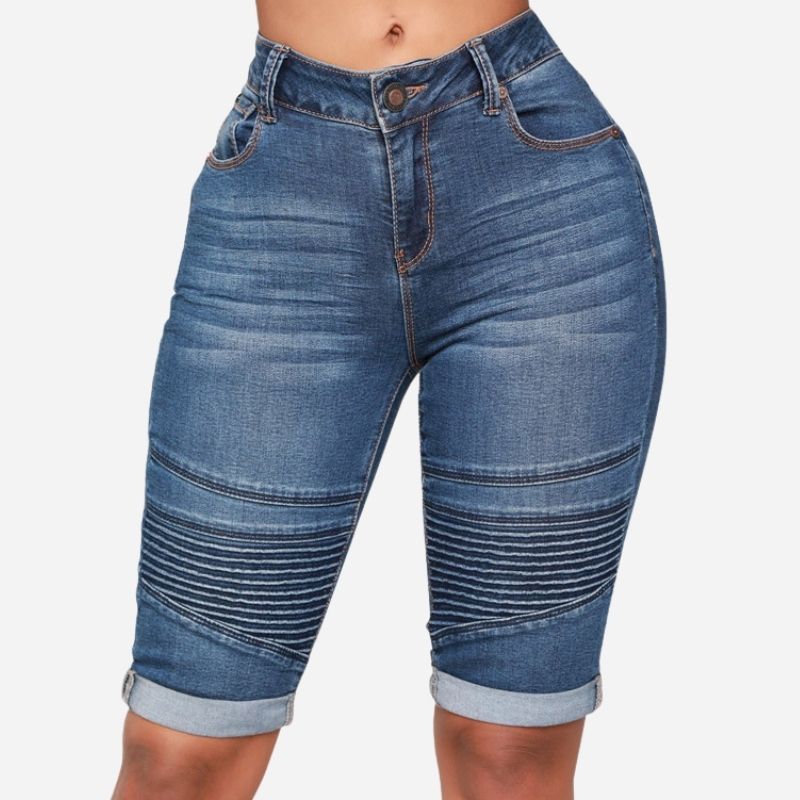 Women’s Biker Stretch Denim Knee Length Shorts Moto-inspired Ribbed Jeans - Navy Color