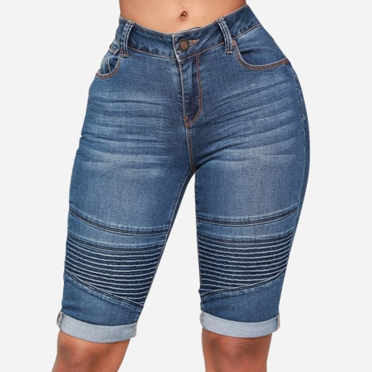 Women’s Biker Stretch Denim Knee Length Shorts Moto-inspired Ribbed Jeans - Navy Color