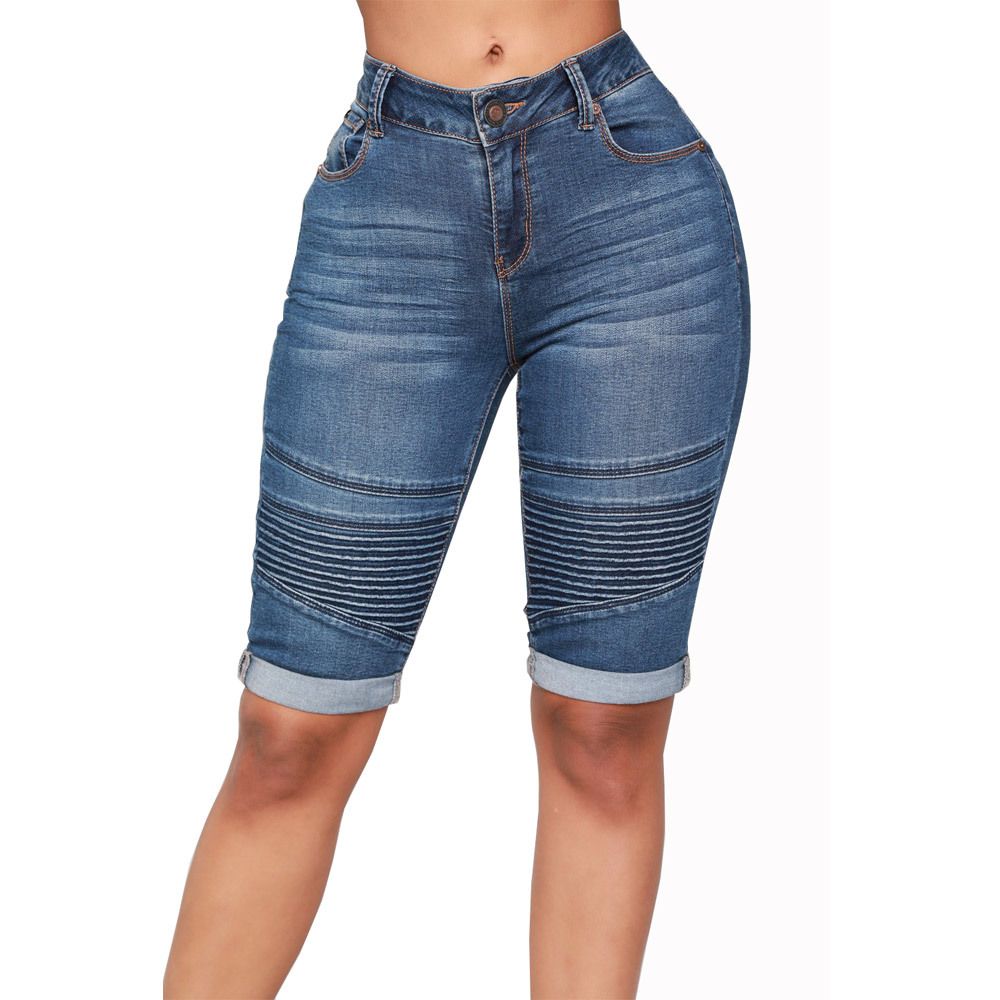 Women’s Biker Stretch Denim Knee Length Shorts Moto-inspired Ribbed Jeans - Navy Color