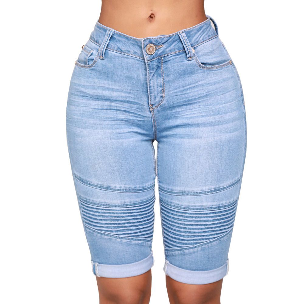 Women’s Biker Stretch Denim Knee Length Shorts Moto-inspired Ribbed Jeans - Blue Color
