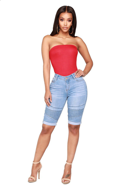 Women’s Biker Stretch Denim Knee Length Shorts Moto-inspired Ribbed Jeans - Blue Color