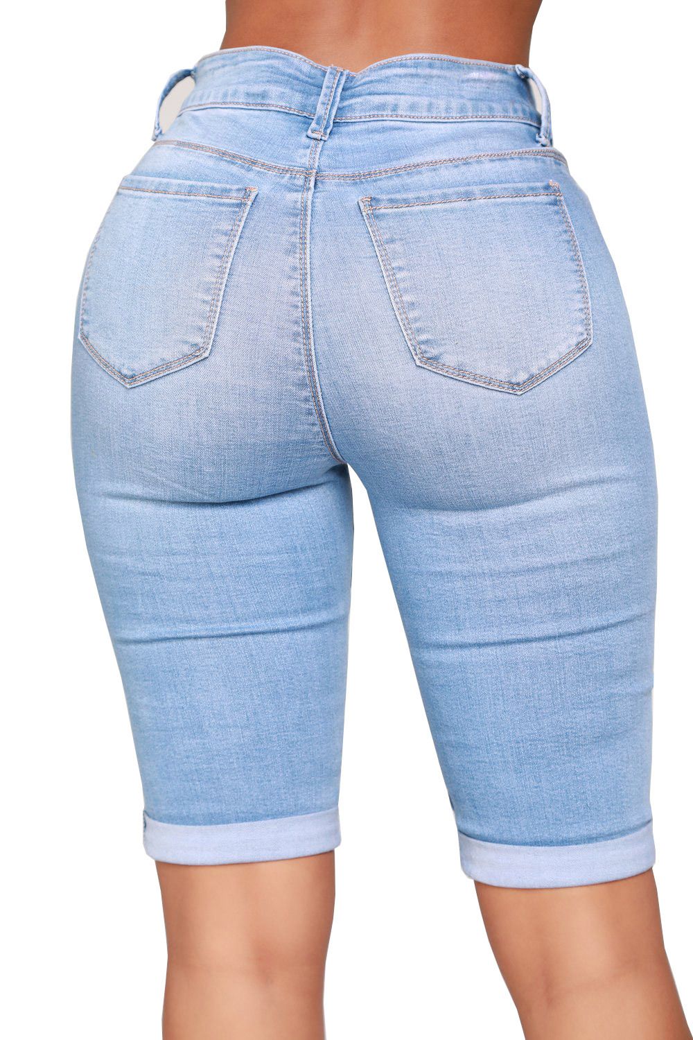 Women’s Biker Stretch Denim Knee Length Shorts Moto-inspired Ribbed Jeans - Blue Color back view