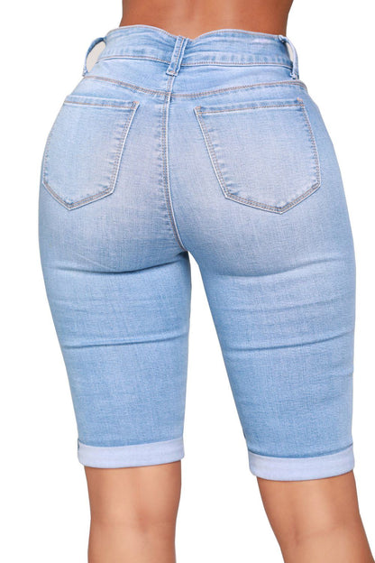 Women’s Biker Stretch Denim Knee Length Shorts Moto-inspired Ribbed Jeans - Blue Color back view