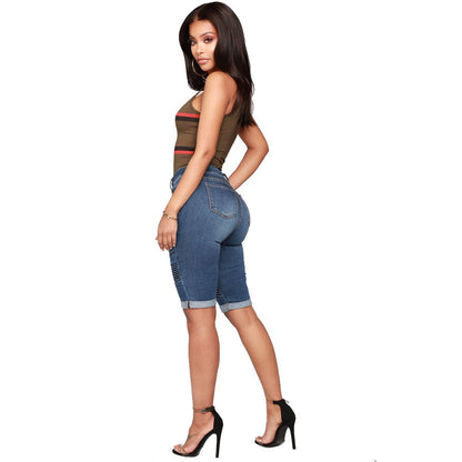Women’s Biker Stretch Denim Knee Length Shorts Moto-inspired Ribbed Jeans - Navy Color back view