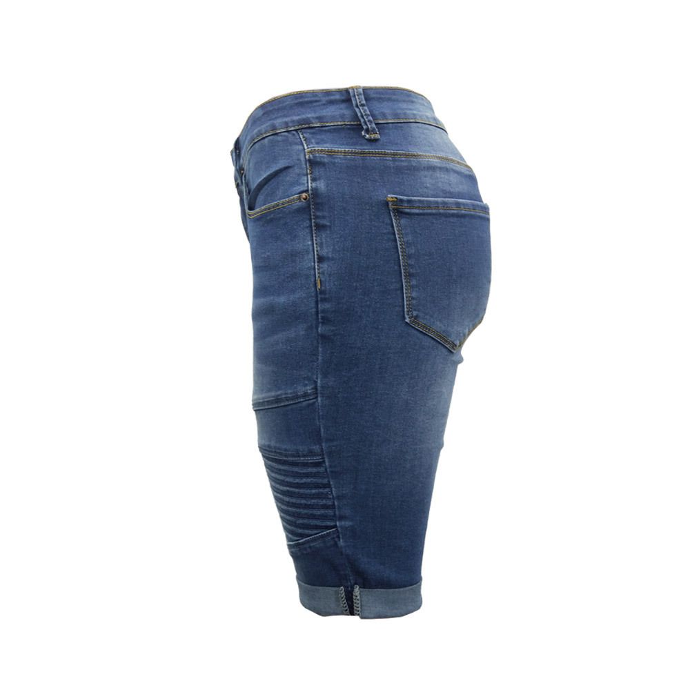 Women’s Biker Stretch Denim Knee Length Shorts Moto-inspired Ribbed Jeans - Navy Color back view