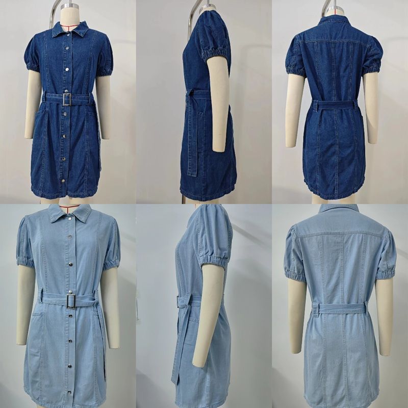 Women¡¯s button front denim mini dress with belt, front and back views