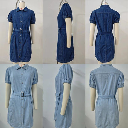 Women¡¯s button front denim mini dress with belt, front and back views
