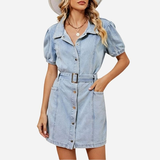 Women’s button front denim mini dress with belt in light blue, front view
