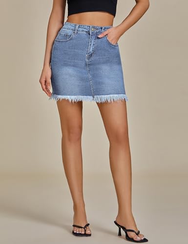 Women's Mid Waisted Jeans Skirt Washed Frayed Pockets Denim Mini Skirt