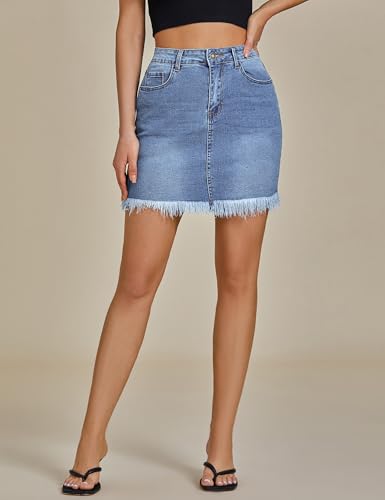 Women's Mid Waisted Jeans Skirt Washed Frayed Pockets Denim Mini Skirt