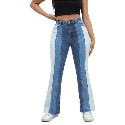 Women’s Color Block Patchwork Flare Jeans High Waisted Bell Bottom Raw Hem Denim Blue Color