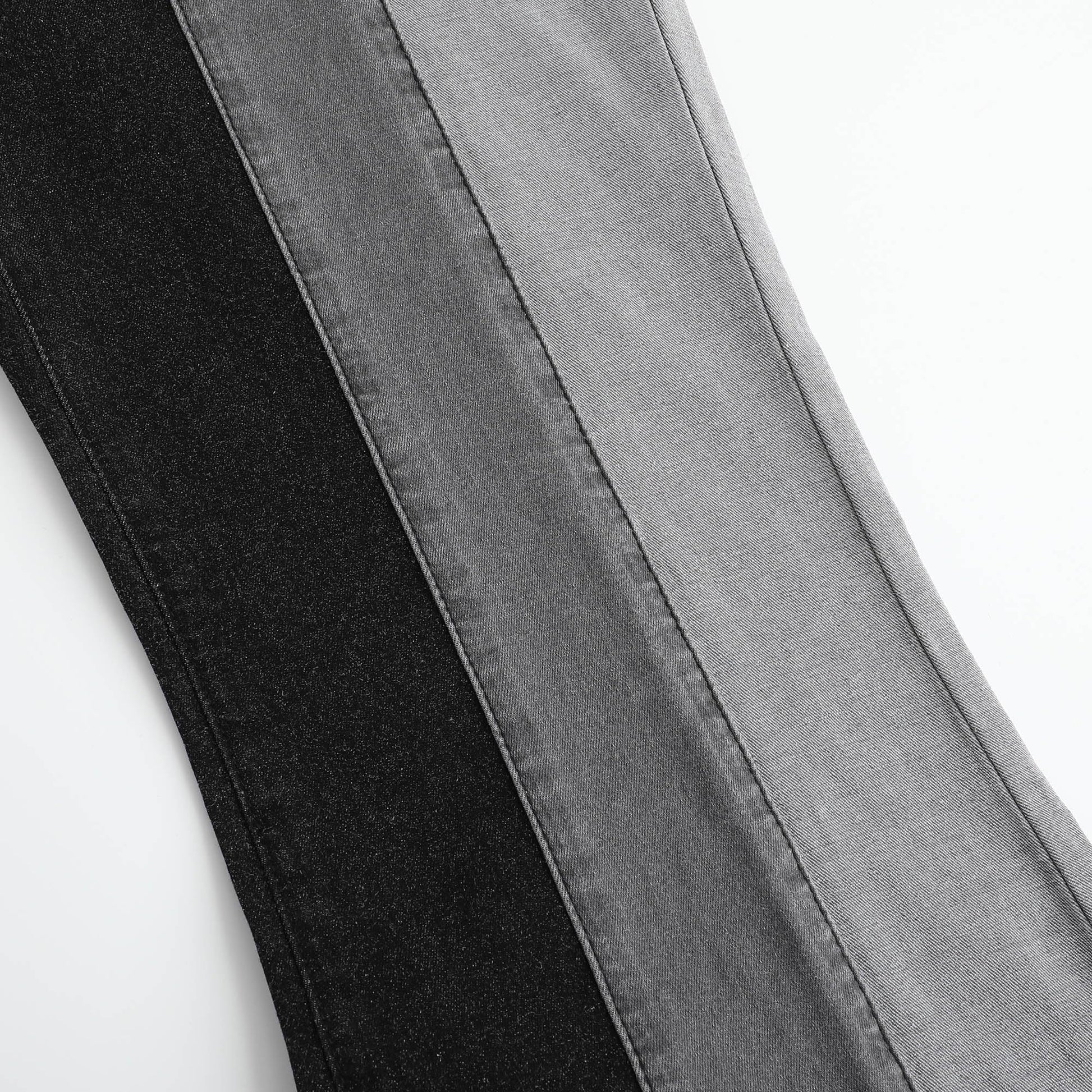 Women’s Color Block Patchwork Flare Jeans High Waisted Bell Bottom Raw Hem Denim Black Color Details