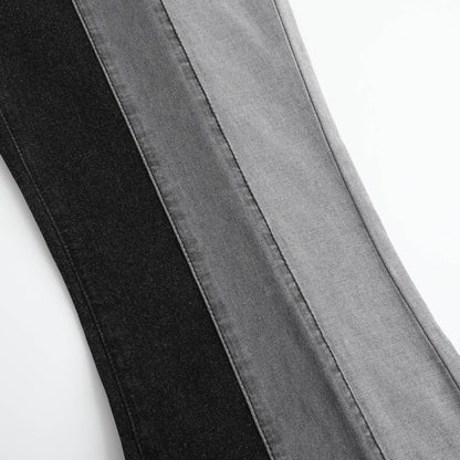 Women’s Color Block Patchwork Flare Jeans High Waisted Bell Bottom Raw Hem Denim Black Color Details