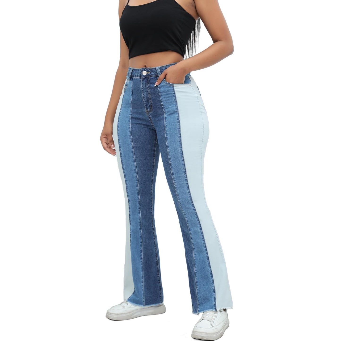 Women’s Color Block Patchwork Flare Jeans High Waisted Bell Bottom Raw Hem Denim Blue Color