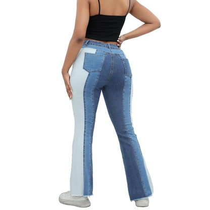 Women’s Color Block Patchwork Flare Jeans High Waisted Bell Bottom Raw Hem Denim Blue Color back view
