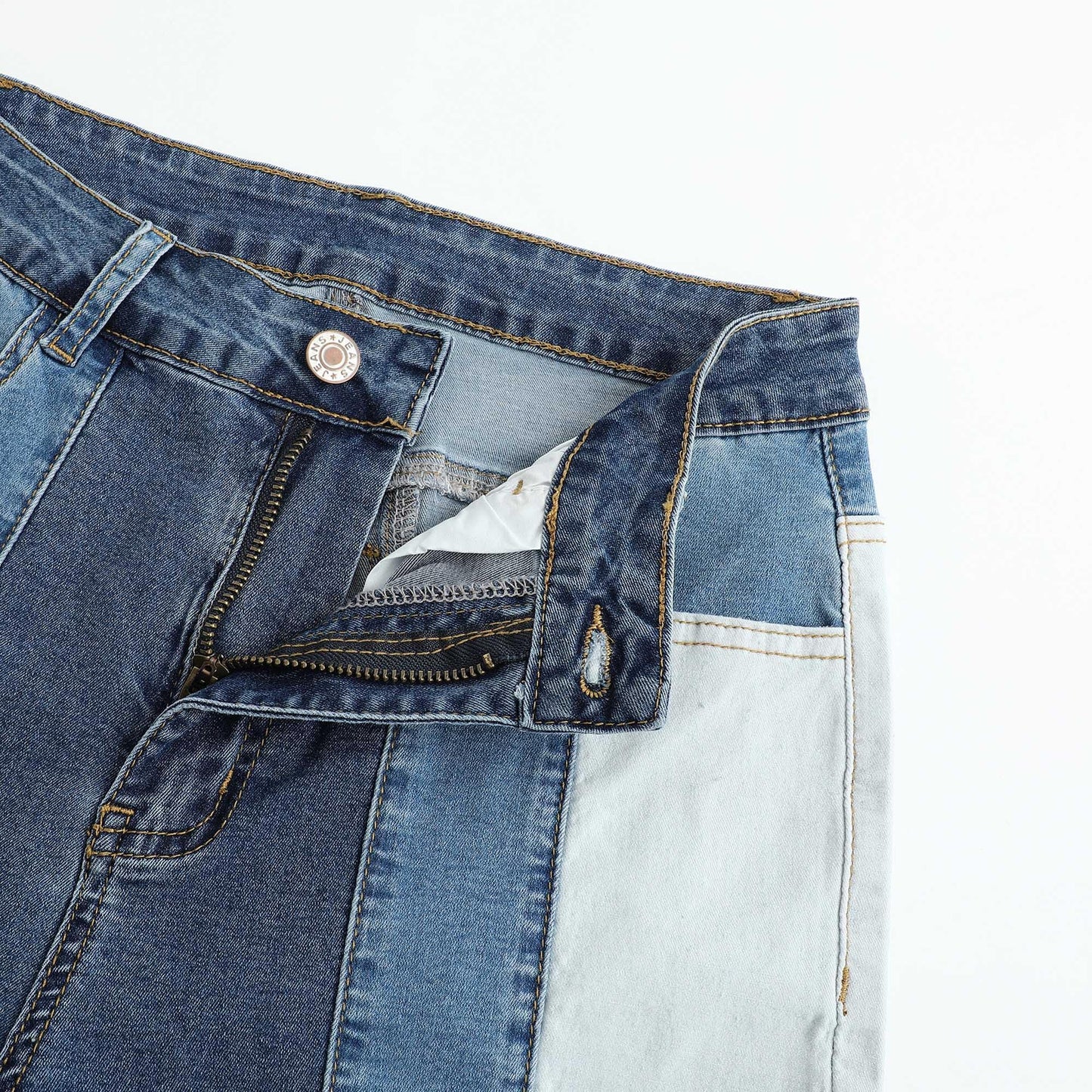 Women’s Color Block Patchwork Flare Jeans High Waisted Bell Bottom Raw Hem Denim Blue Color Details