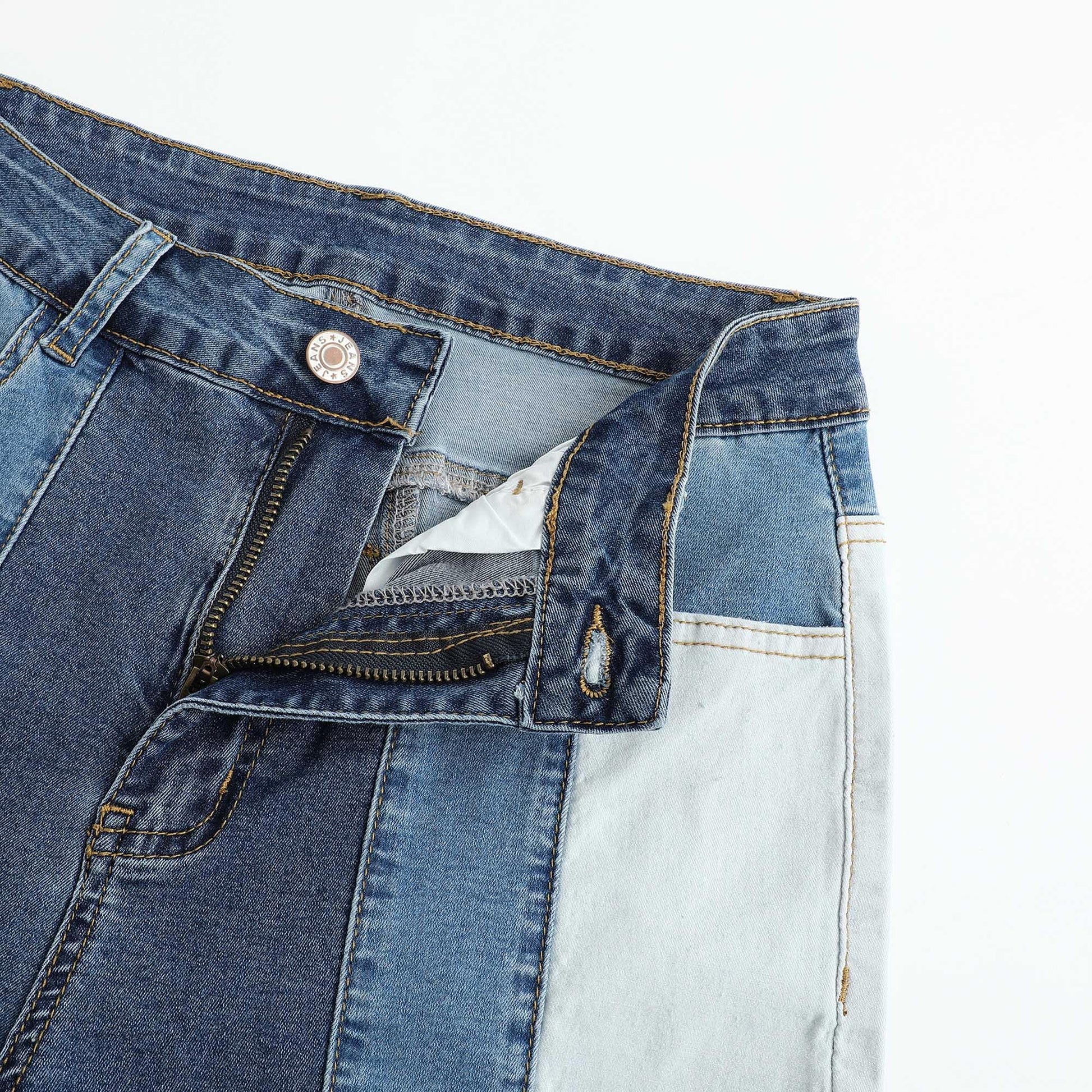 Women’s Color Block Patchwork Flare Jeans High Waisted Bell Bottom Raw Hem Denim Blue Color Details