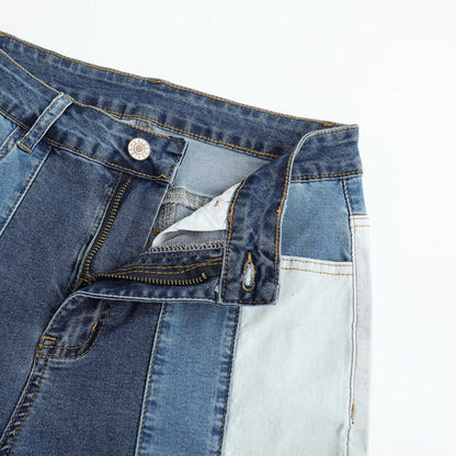 Women’s Color Block Patchwork Flare Jeans High Waisted Bell Bottom Raw Hem Denim Blue Color Details