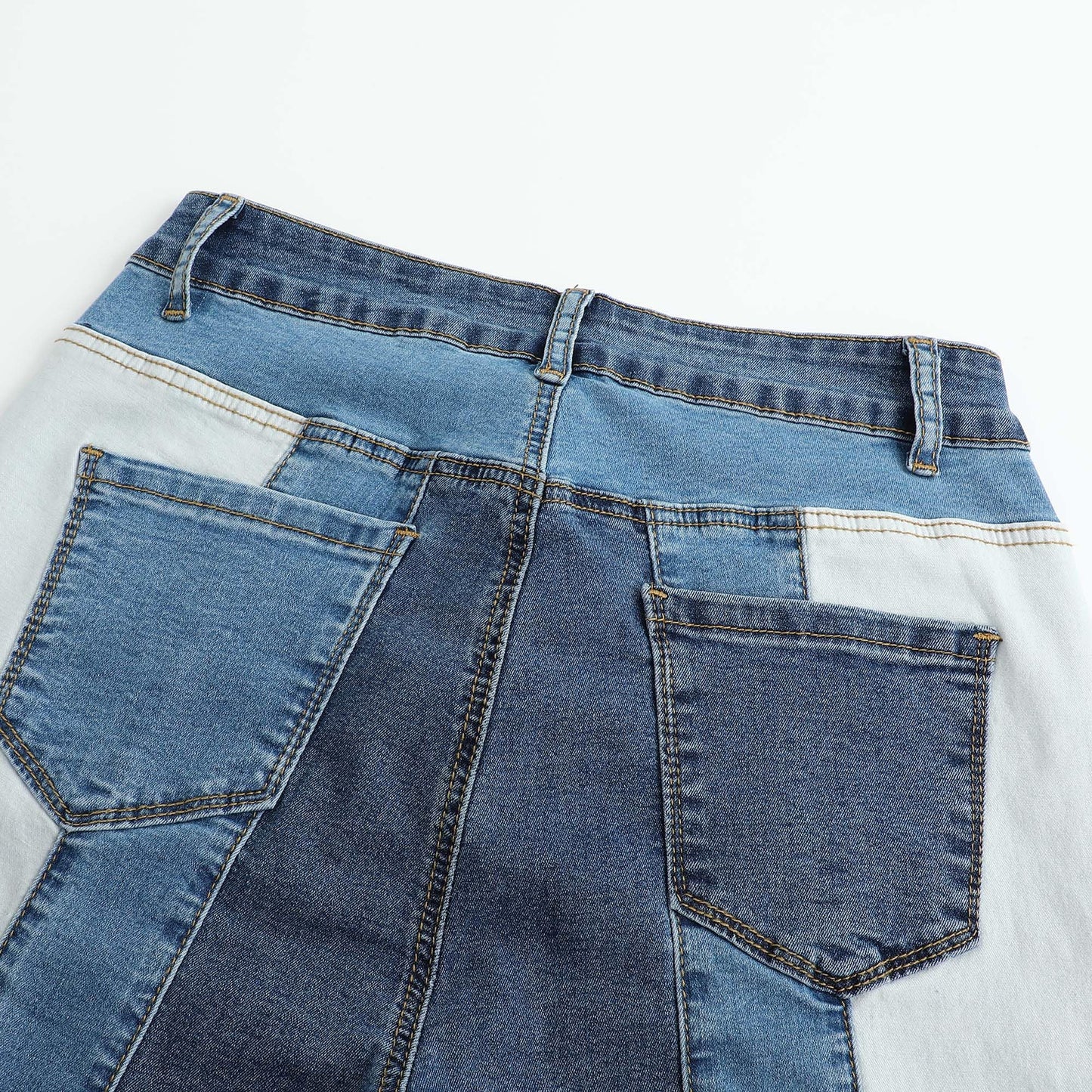 Women’s Color Block Patchwork Flare Jeans High Waisted Bell Bottom Raw Hem Denim Blue Color Details