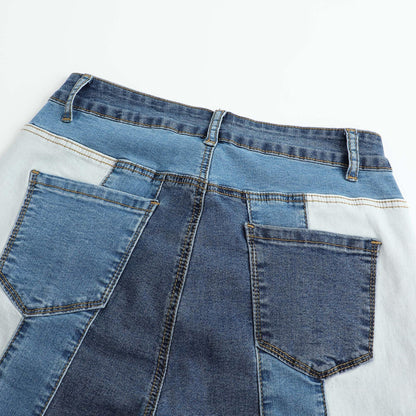 Women’s Color Block Patchwork Flare Jeans High Waisted Bell Bottom Raw Hem Denim Blue Color Details