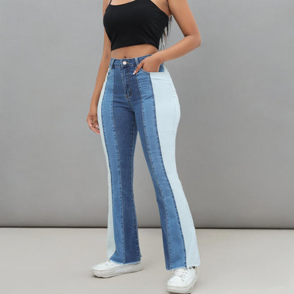 Women’s Color Block Patchwork Flare Jeans High Waisted Bell Bottom Raw Hem Denim Blue Color